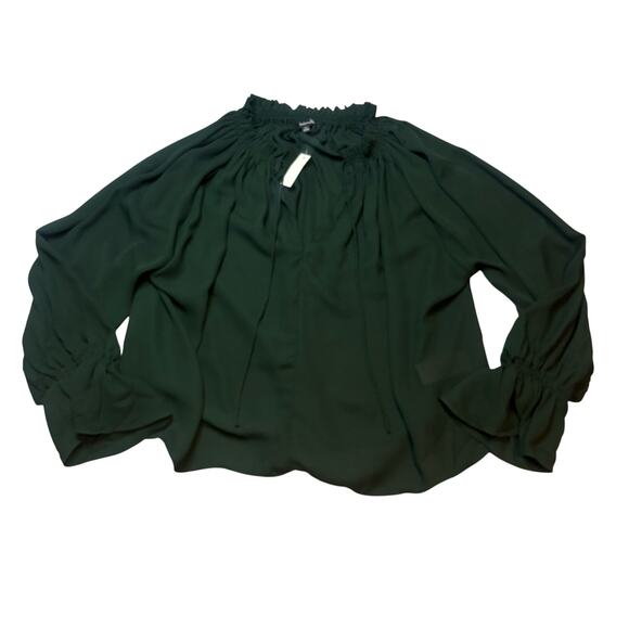 Madewell Smocked Peasant Blouse Green Long Sleeve Tie Neck Top Size S NWT - Picture 2 of 5